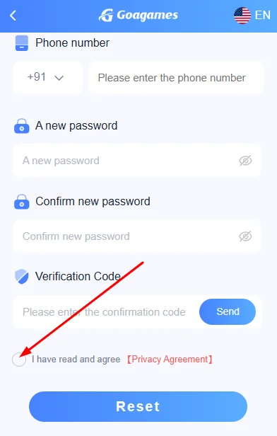  Tick privacy agreement to reset password